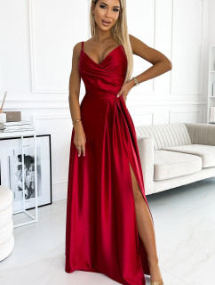 CHIARA - Elegantní červené dlouhé dámské saténové maxi šaty na ramínkách 299-14