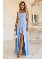 Dlouhé šaty s rozparkem a výstřihem modré s třpytkami model 22090126 - numoco