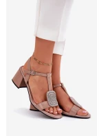 Skórzane Lakierowane Sandały Damskie Na Słupku Z Ozdobą Vinceza 91134 Beżowe