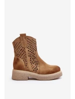 Zazoo 3470 Zamszowe Botki Damskie Na Płaskim Obcasie Ażurowe Beżowe