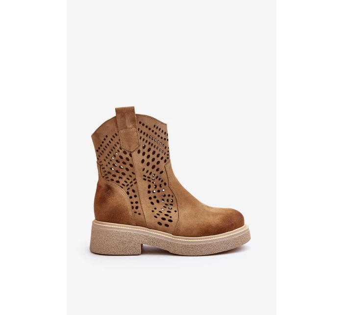Zazoo 3470 Zamszowe Botki Damskie Na Płaskim Obcasie Ażurowe Beżowe