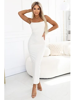 673-1 Midi šaty s tenkými ramienkami a jemným leskom - ecru