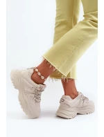 Sneakersy Damskie Na Masywnej Podeszwie Z Ozdobnym Sznurowaniem Beżowe Relissa Sneakersy Damskie Na Masywnej Podeszwie Z Ozdobnym Sznurowaniem Beżowe Relissa