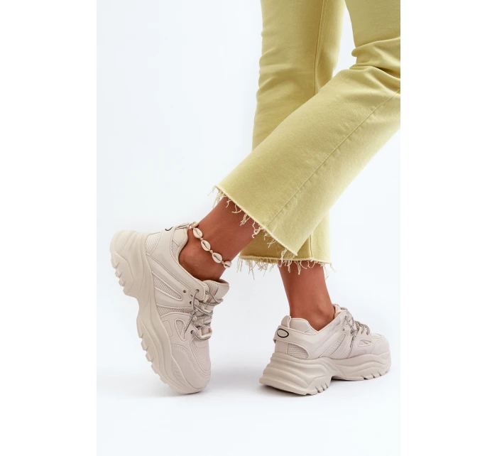 Sneakersy Damskie Na Masywnej Podeszwie Z Ozdobnym Sznurowaniem Beżowe Relissa Sneakersy Damskie Na Masywnej Podeszwie Z Ozdobnym Sznurowaniem Beżowe Relissa