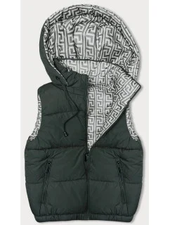 Krátka páperová dámska vesta v army farbe s kapucňou (16M9091-136)