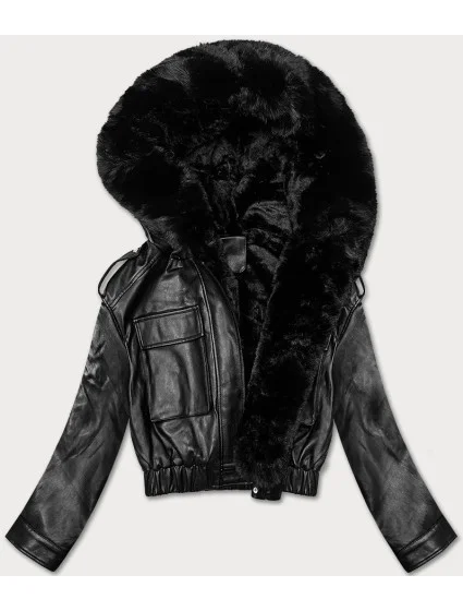 Černá krátká kožená bunda pro přechodné období s kožešinou model 21247782 - J.STYLE