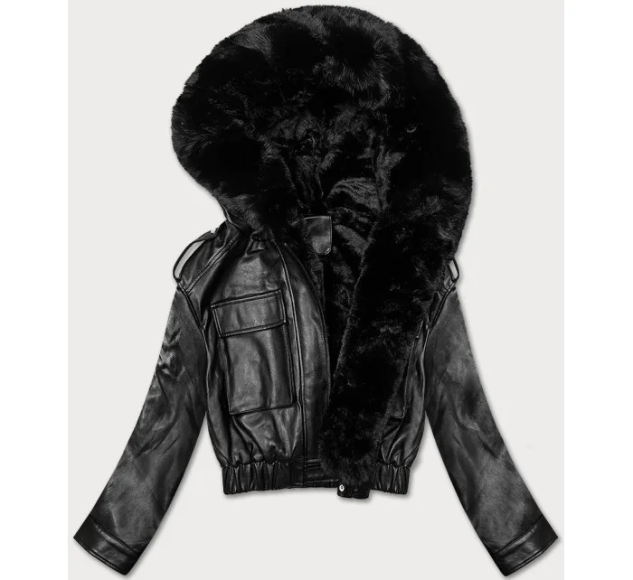 Černá krátká kožená bunda pro přechodné období s kožešinou model 21247782 - J.STYLE