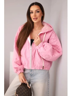 Dámská prošívaná bunda s kapucí a ozdobným květinovým model 22102092 světle růžová - K-Fashion