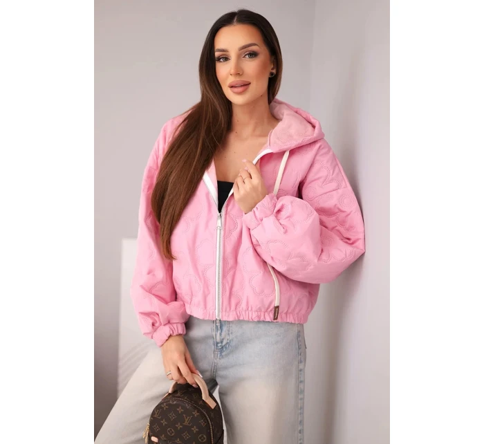 Dámská prošívaná bunda s kapucí a ozdobným květinovým model 22102092 světle růžová - K-Fashion
