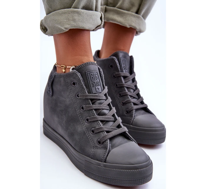Trampki Skórzane Damskie Na Koturnie Big Star MM274005 Szare Trampki Skórzane Damskie Na Koturnie Big Star MM274005 Szare