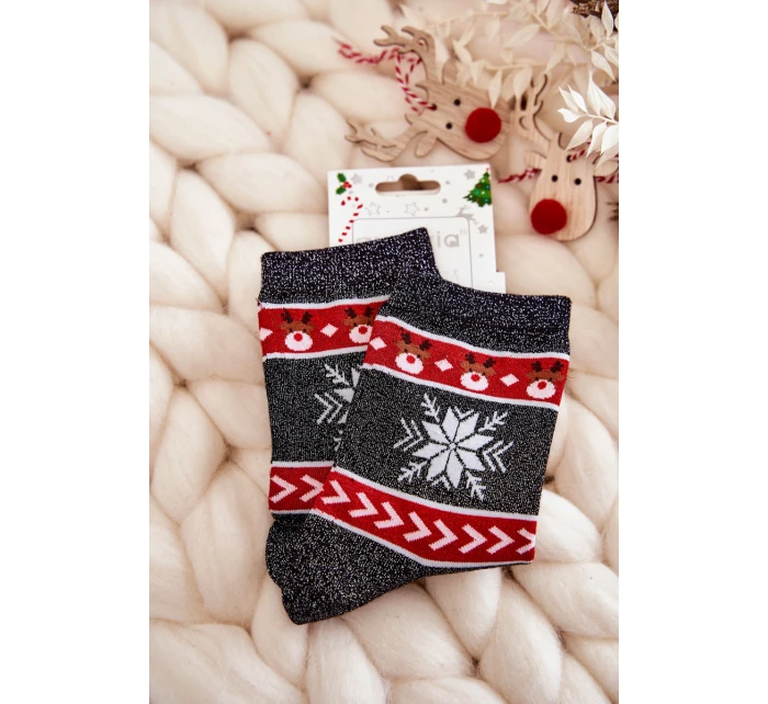 Damskie Świąteczne Skarpetki Błyszczące Renifery Czarno-Czerwone