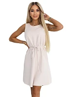 296-17 VICTORIA Trapézové šaty bez rukávov s opaskom - béžové