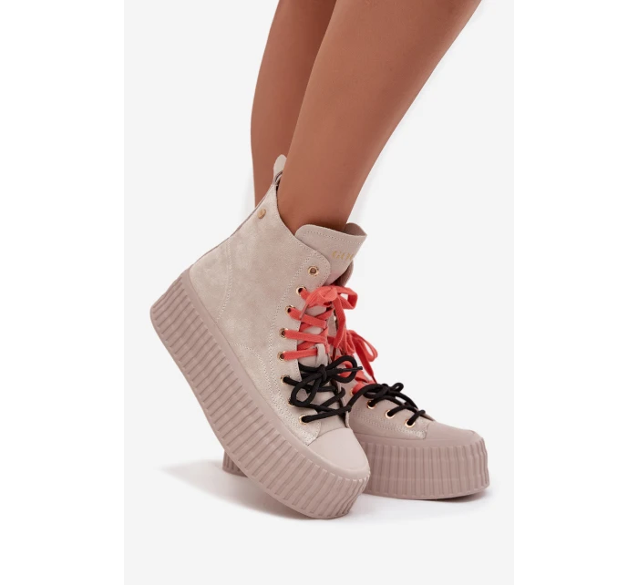 Zamszowe Ocieplane Trampki Damskie Na Masywnej Platformie GOE SS2N4047 Beżowe