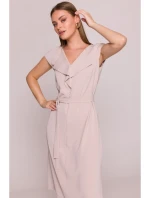 model 21154800 Šaty bez rukávů s volánkovým výstřihem béžové - STYLOVE model 21154800 Šaty bez rukávů s volánkovým výstřihem béžové - STYLOVE