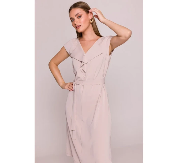 model 21154800 Šaty bez rukávů s volánkovým výstřihem béžové - STYLOVE model 21154800 Šaty bez rukávů s volánkovým výstřihem béžové - STYLOVE