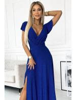 Dámske lesklé dlhé šaty s výstrihom Numoco CRYSTAL - chrpová modrá