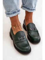 Zazoo 20174 Skórzane Eleganckie Półbuty Damskie Na Płaskim Obcasie Ciemnozielone