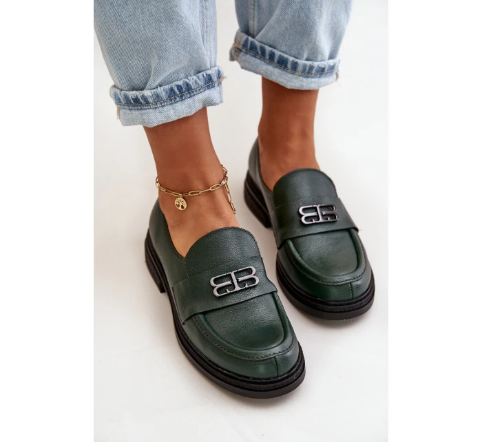 Zazoo 20174 Skórzane Eleganckie Półbuty Damskie Na Płaskim Obcasie Ciemnozielone