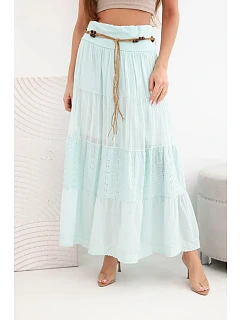 Dámska maxi bavlnená sukňa s čipkovou výšivkou a elastickým pásom mätová