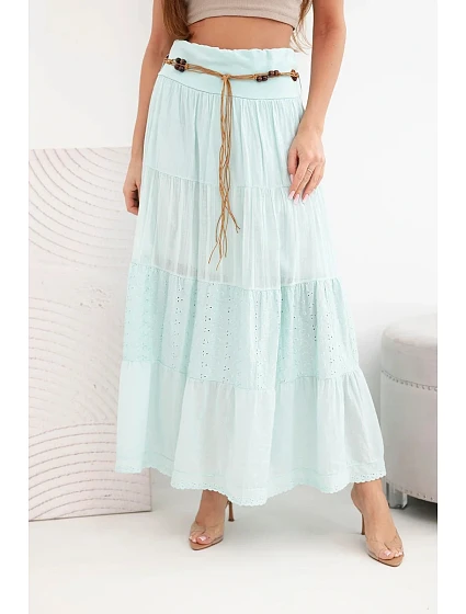 Dámska maxi bavlnená sukňa s čipkovou výšivkou a elastickým pásom mätová
