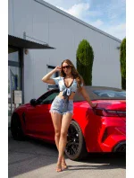 Dámsky sexy zavinovací top s čipkou R1300A modrý s kvetmi - J. Hviezdy