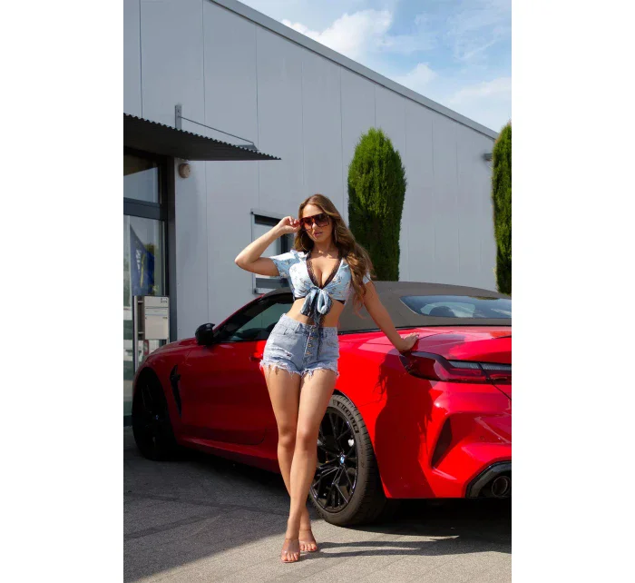 Dámsky sexy zavinovací top s čipkou R1300A modrý s kvetmi - J. Hviezdy