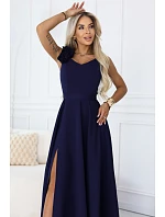 model 22043331 Elegantní večerní maxi šaty s rozparkem a růžemi tmavě modré - numoco