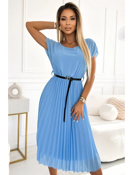 548-2 Plisované midi šaty s čiernym opaskom - MODRÉ 548-2 Plisované midi šaty s čiernym opaskom - MODRÉ