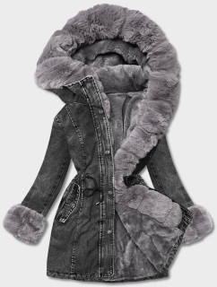 Čierno/sivá dámska džínsová bunda s kožušinovou podšívkou (B8068-109)