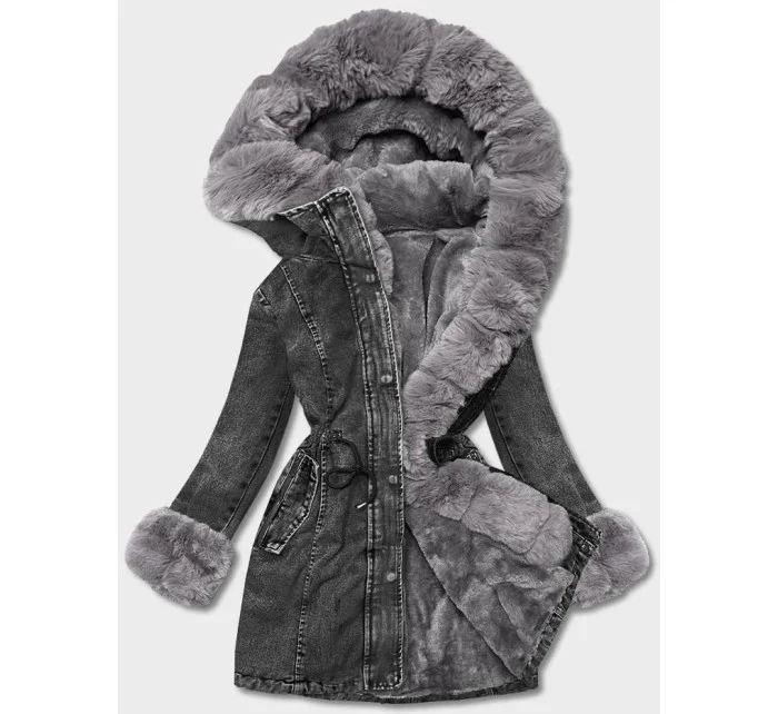 Čierna/sivá dámska džínsová bunda s kožušinovou podšívkou (B8068-109)