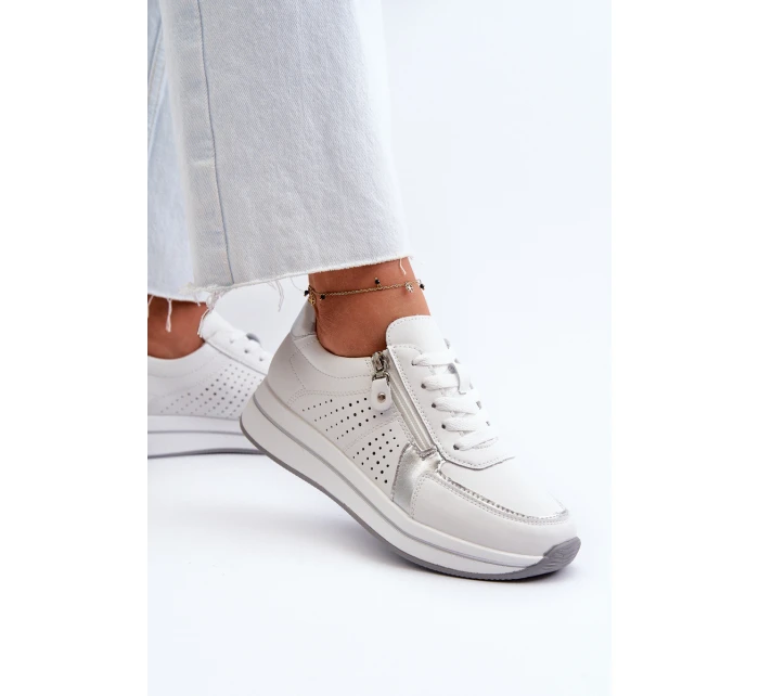 Damskie Skórzane Sneakersy Na Platformie Białe Ligustra