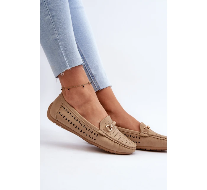Mokasyny Damskie Ażurowe Z Ozdobą Brązowe Kaydance
