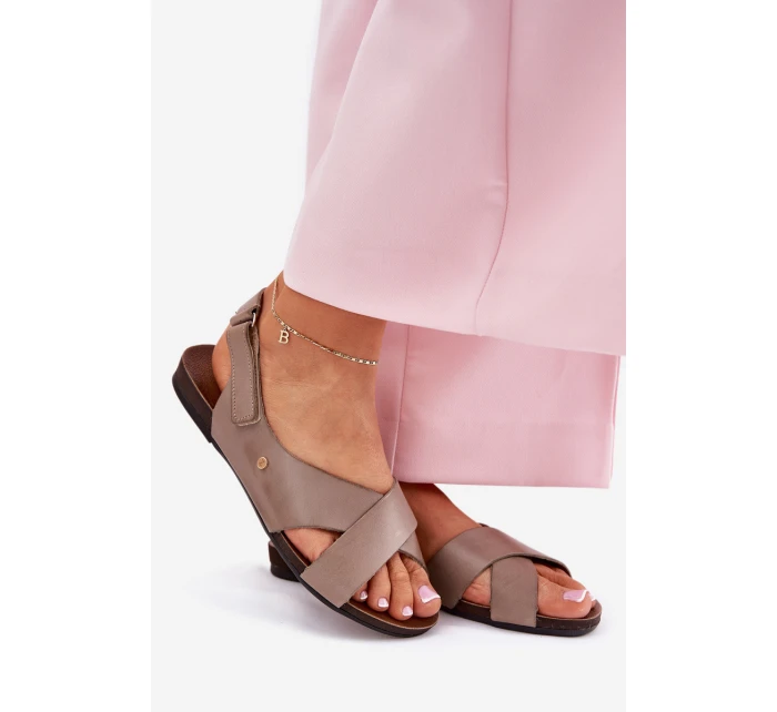 Kožené sandály na suchý zip tmavě béžové model 21694316 - Zazoo