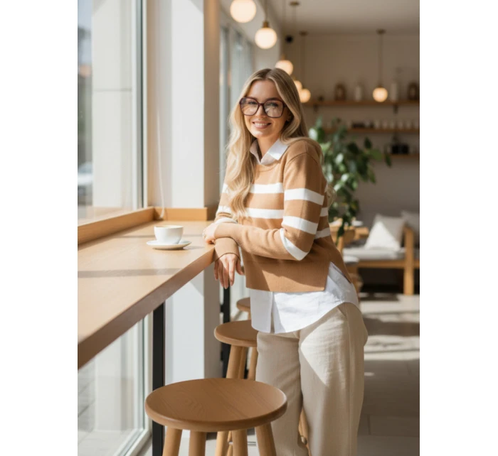 Dámský pruhovaný svetr camel Dstreet model 21971150 - FashionStreet