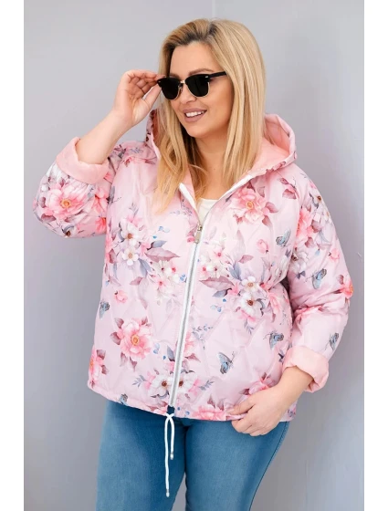 Dámska jarná prešívaná bunda s kapucňou a kvetinovým vzorom Powder Pink