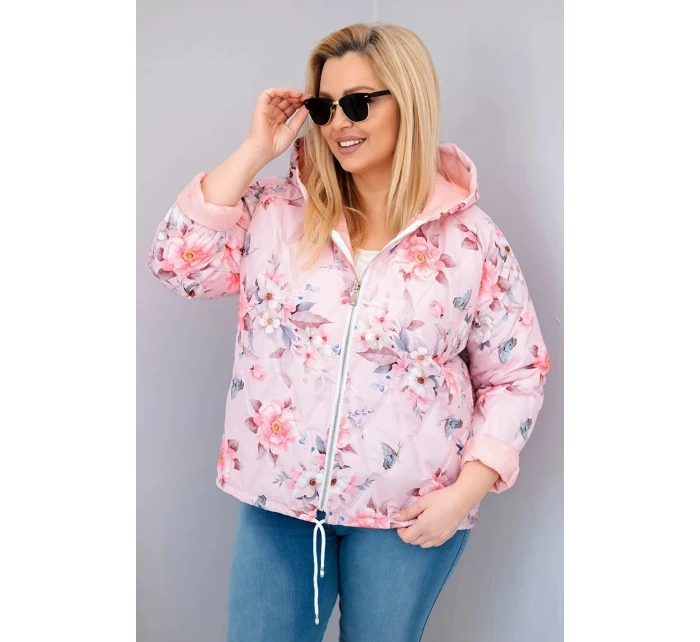 Dámska jarná prešívaná bunda s kapucňou a kvetinovým vzorom Powder Pink