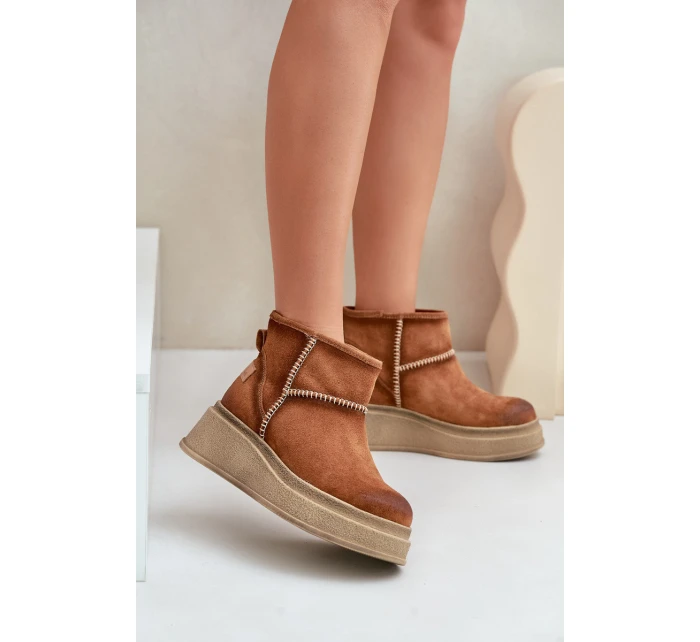 Skórzane Zamszowe Śniegowce Botki Na Platformie I Koturnie Maciejka 06769-29 Brązowe