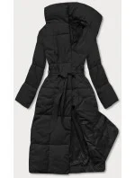 Čierny dámsky zimný kabát s opaskom (2M-061)