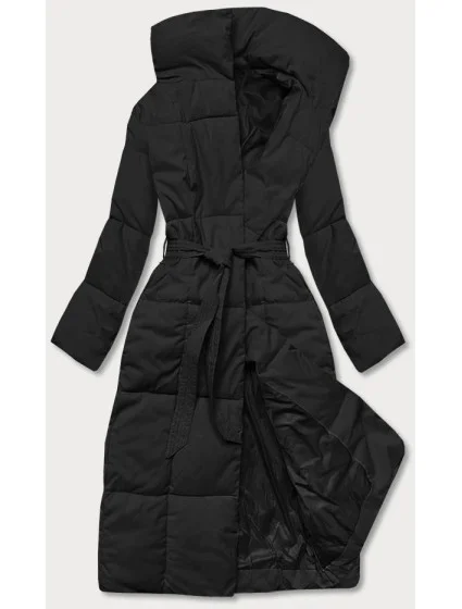 Čierny dámsky zimný kabát s opaskom (2M-061)