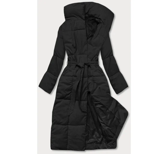 Čierny dámsky zimný kabát s opaskom (2M-061)