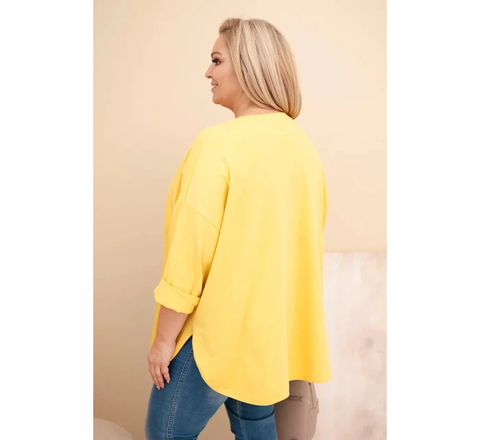 Dámská blůza Plus Size s bavlnou, kapsou a ohrnovacími rukávy žlutá