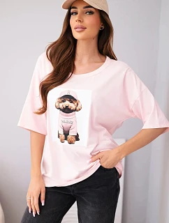 Dámské bavlněné oversize tričko s krátkým rukávem a potiskem bonbónově růžová