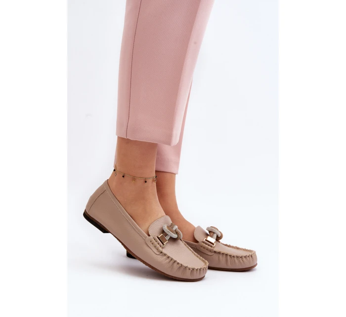 Skórzane Mokasyny Damskie Z Ozdobą Laura Messi 2761 Beżowe