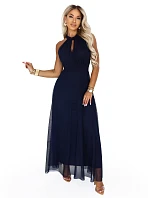 Elegantní maxi večerní šaty na ramínka s a zavazováním v pase tmavě modré model 22210933 - numoco basic