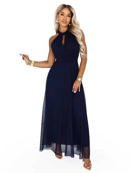 Elegantní maxi večerní šaty na ramínka s a zavazováním v pase tmavě modré model 22210933 - numoco basic