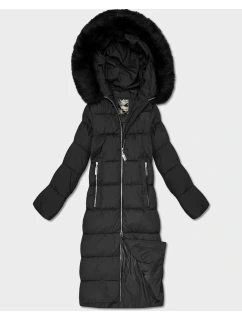 Čierna dlhá dámska zimná bunda s kapucňou (7688)
