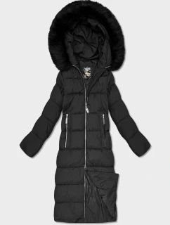 Čierna dlhá dámska zimná bunda s kapucňou (7688)