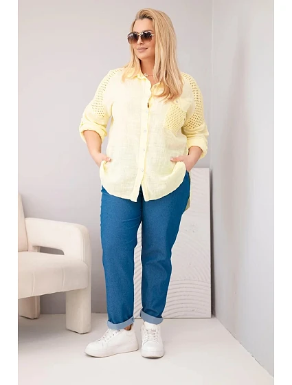 Dámská viskózová košile Plus Size s límečkem a krajkovou vsadkou žlutá Dámská viskózová košile Plus Size s límečkem a krajkovou vsadkou žlutá