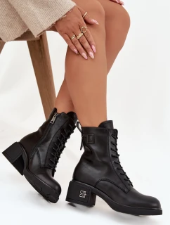 Dámske zateplené členkové topánky z prírodnej kože s blokovým podpätkom Vinceza - čierne