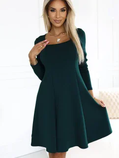 574-1 IVANA pohodlné trapézové šaty s výstrihom a dlhými rukávmi - BOTTLE GREEN
